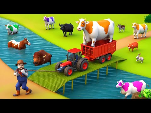 Epic River Crossing! Giant Cow on Bamboo Bridge with Donald Tractor | Funny Farm Animals