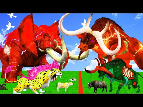 10 Giant Mammoth Elephant Cow Vs 5 Giant Lion Tiger T-Rex Attack Buffalo Cow Saved by Woolly Mammoth