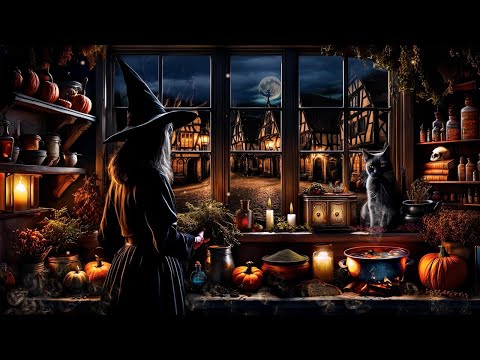 ENCHANTED WITCH COTTAGE-MAGIC POTIONS-WIND CHIMES-NIGHT TIME AMBIENCE-PUMPKINS-CAULDRON-FULL MOON