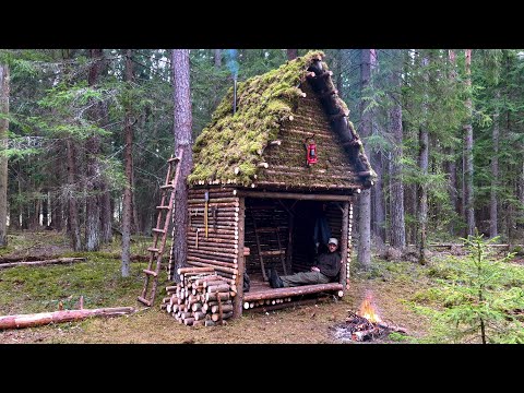 I have built a warm two stored  shelter to survive in a wild forest. Cooking over a fire. Bushcraft