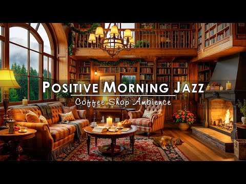 Smooth Jazz Instrumental Music & Crackling Fireplace for Stress Relief ☕ Spring Coffee Shop Ambience