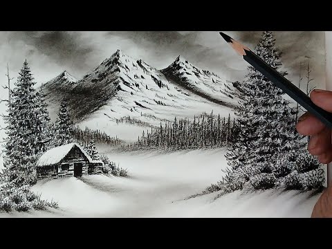 Time-lapse landscape Bob ross's style drawing with pencil.