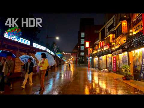 [ASMR] Rainy Night Walk in Asakusa, Tokyo | Pure City Sound without Traffic Noise | Japan | 4K/HDR