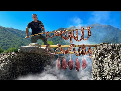 Primitive Technology Of Cooking Homemade Hot Smoked Meat In The Mountains!