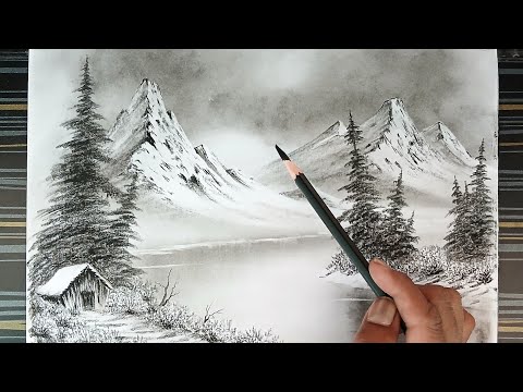 Real time pencil drawing of a winter landscape in Bob ross's style.