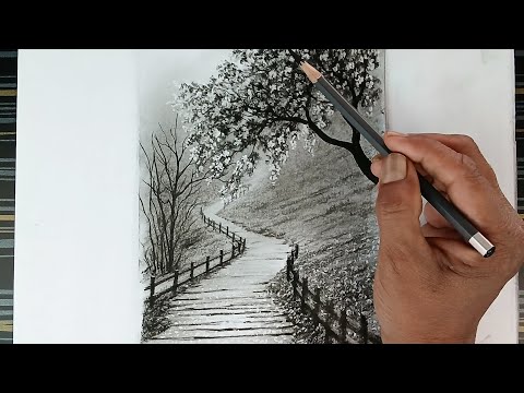 Spring Landscape scenery drawing by pencil and electric eraser with easy ways.