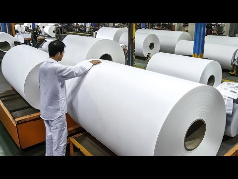 The process of mass producing paper hand towels. A paper factory in Korea