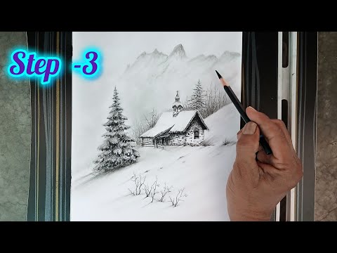 Step - 3 landscape drawing with pencil/ mountain sketch drawing/