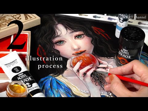 【イラスト】すべてを吸い込む黒で白雪姫を描く Part 2🍎Painting the illustration of Snow White, acrylic gouache, watercolors