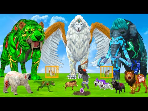 10 Giant Mammoth Elephant Cow vs 5 Gaint Lion Tiger Zombie Cartoon Buffalo Saved By Woolly Mammoth