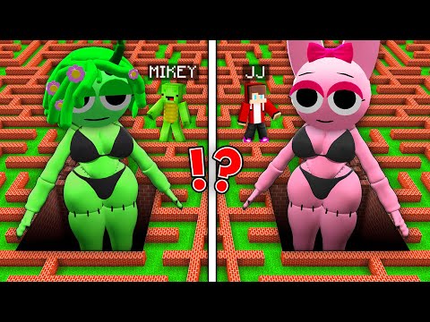 JJ and Mikey Foun a SPRUNKI GREEN vs SPRUNKI PINK GIRLS MAZE in Minecraft Maizen!