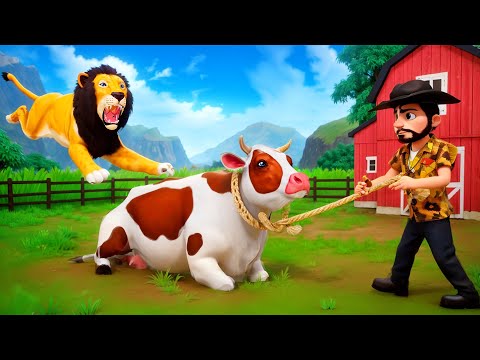 Crazy Lazy Cow's Heroic Farm Rescue from Lion Attack | Funny Animal Cartoons 2024