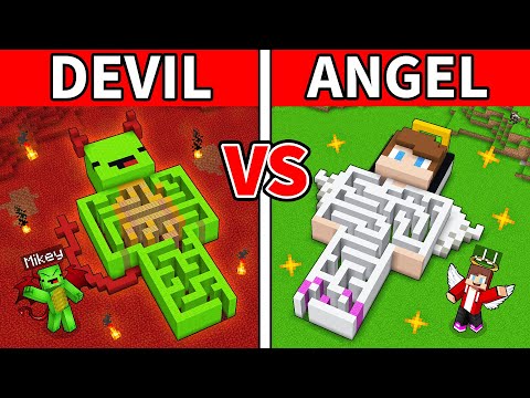 JJ and Mikey: ANGEL vs DEVIL Maze Statue Battle in Minecraft - Maizen