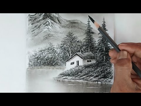 Pencil drawing of a landscape with towering peaks,various trees, and an old house near a water lake.