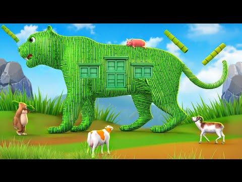 Giant Tiger Bamboo House Diorama: Gorilla Buffalo Cow Horse Farm Diorama | 3D Farm Animals Cartoons