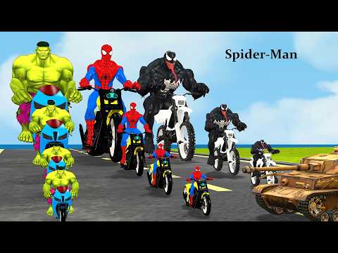 Siêu nhân nhện🔴Spider Man Big & Small Motorcycle Obstacle Challenge vs black Venom vs Hulk green