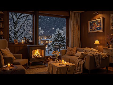 Warm Winter Room Ambience ❄ Soft Piano Music & Crackling Fireplace, Snowfall for Deep Sleep