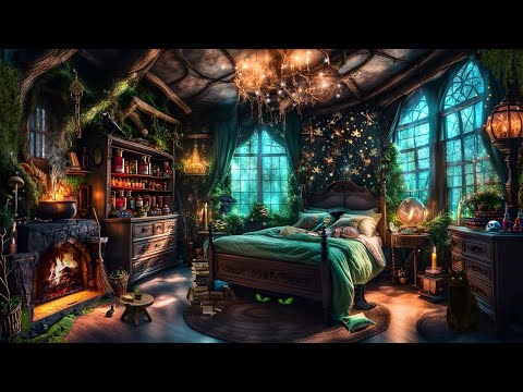 COZY WITCH COTTAGE-ENCHANTED BEDROOM-BUBBLING CAULDRON-CRACKLING FIRE-BLACK CAT-MAGIC AMBIENCE