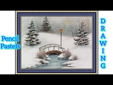 Snowy landscape illustration of bridge by pencil and pastel colour.