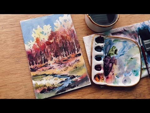 Real time fall watercolor landscape