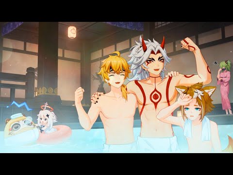 Paimon & Sayu bathes with Topless Itto, Thoma, and Gorou.. Cutscene | 5.4 Mikawa Flower Festival