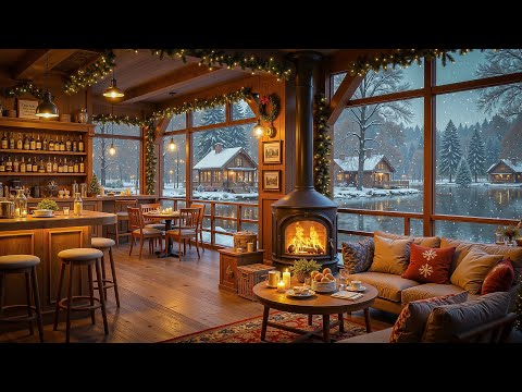 Cozy Winter Coffee Shop Ambience with Jazz Music & Fireplace Sound to Relaxing, Study, Work