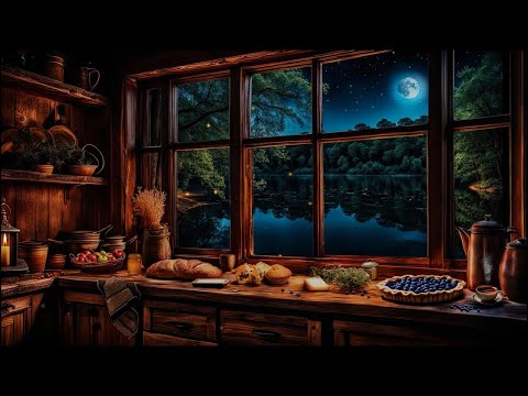 COZY LAKE CABIN NIGHT TIME NATURE AMBIENCE-SOFT LAKE WATER SOUNDS-RUSTIC KITCHEN-FIREFLIES