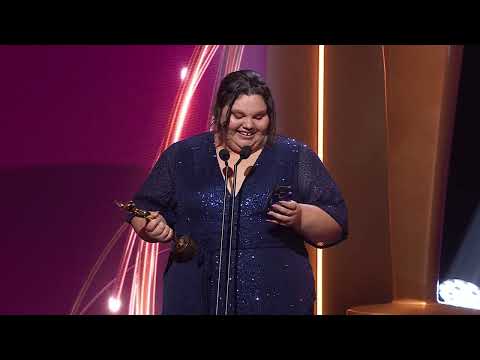 Leah Purcell presents Kartanya Maynard with the AACTA Brian Walsh Award for Emerging Talent