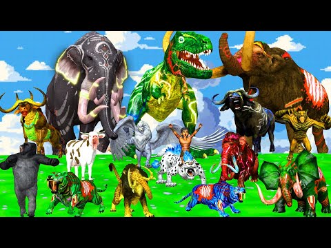 20 Mammoth Elephant Cow Buffalo vs 10 Giant Zombie Tiger Bull Fight Baby Cow Saved By Woolly Mammoth