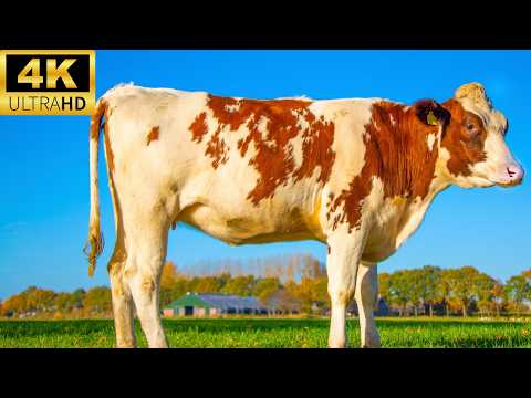 4K Relaxing Cow Video With Music | Cows Grazing Video