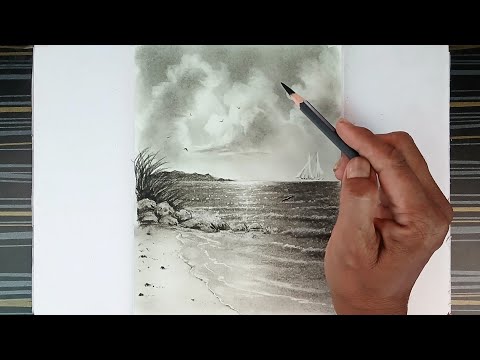 Sunlight landscape at beach drawing by pencil with easy steps.