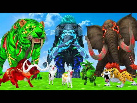 5 Giant Mammoth Elephant Gorilla vs 5 Gaint Tiger Buffalo Zombie Cartoon Cow Saved By Woolly Mammoth